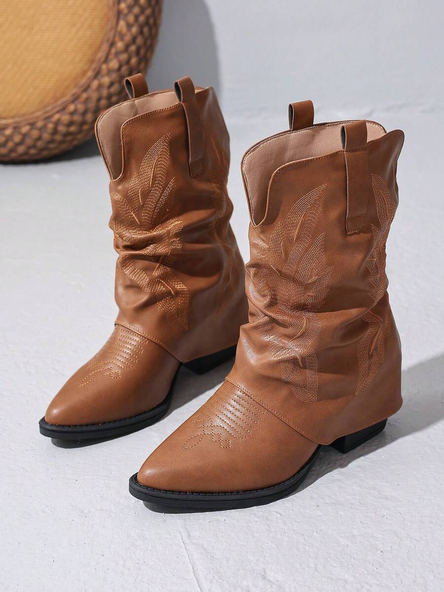 Giày bốt cao bồi miền Tây mũi nhọn màu nâu, cao đến bắp chân, thêu họa tiết, thời trang thu/đông 2025 cho nữ, gót dày, bốt cưỡi ngựa đa năng, bốt cao bồi thanh lịch - màu nâu - Xem 1