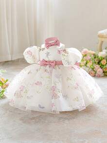 一件女婴蝴蝶印花薄纱连衣裙，宽肩带，适合一周岁生日派对、花童、婚礼等场合，不含头饰 - 彩色 - 查看 3