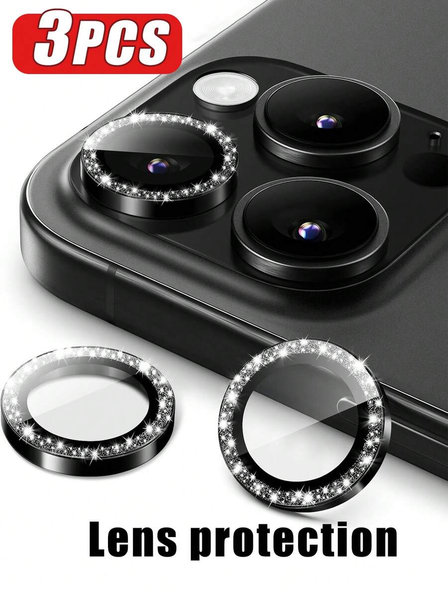 3pcs Shiny Crystal Lens Protector Film Set, Compatible With IPhone 16 Pro Max/16 Pro/16 Plus/16, 12/12 Mini/12 Pro/12 Pro Max, 13/13 Mini/13 Pro/13 Pro Max, 11/11 Pro/11 Pro Max, 14/14 Plus/14 Pro/14 Pro Max, 15/15 Plus/15 Pro/15 Pro Max, Decorated With Rhinestones - Black - View 1