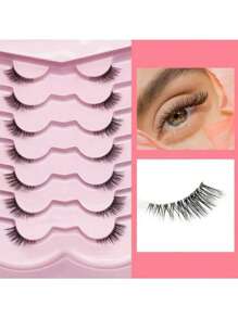 7 对天然狐狸毛假睫毛，3-5-9 毫米混合长度，D 卷曲精致睫毛，自然外观狐狸眼睫毛，蓬松仙女猫眼睫毛，适合任何场合和脸型，易于涂抹