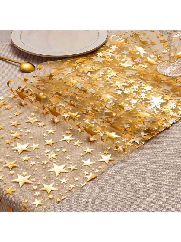 1/2pcs 11.02*108.27/196.85 Inch Gold Glitter Star Metal Mesh Table Runner, Glitter Foil Table Decor, Suitable For Wedding Bride Gift, Birthday Party, Banquet, Wedding, Home, Gathering, Christmas, New Year