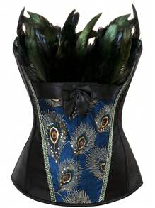 1 件女士优雅孔雀印花束身衣腰带 - 复古蕾丝、海军蓝缎子、幽默万圣节服装 - 彩色 - 查看 5