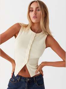 Women Button Down Tank Tops Casual Summer Solid Color Sleeveless Crop Shirt Basic Vest Aesthetic Clothes For Streetwear - 黃色 - 查看 1