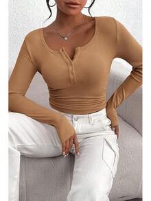 Women's 2026 Fall Long Sleeve Henley T Shirts Button Ribbed Knit Slim Fit Basic Tops Blouse Casual Outfits/Vacation Outfits Women/Valentine Outfits For Women - 淺駝色 - 查看 5