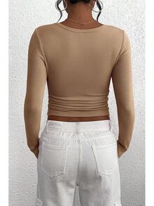 Women's 2026 Fall Long Sleeve Henley T Shirts Button Ribbed Knit Slim Fit Basic Tops Blouse Casual Outfits/Vacation Outfits Women/Valentine Outfits For Women - Kaki nhạt - Xem 2