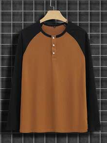 Men Casual Sports Colorblock Raglan Sleeve Half Button Placket T-Shirt, Fall