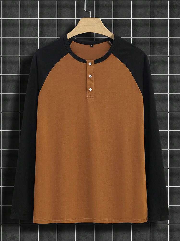 男士休闲运动拼色插肩袖半扣 T 恤 - 駝色 - 查看 3
