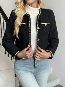 Ladies' Color-Blocked Tweed Jacket With Front Buttons, Retro And Elegant Short Style, Fashionable For Parties And Office Wear, Casual Tweed Coat, Collarless Top For Autumn - Black - View 4