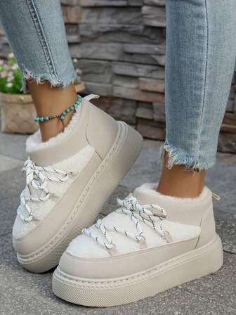 Botas de tobillo/botas de nieve beige de cuerda, con suela plana y gruesa, forradas, cálidas, de moda, cómodas y versátiles para niñas y adolescentes