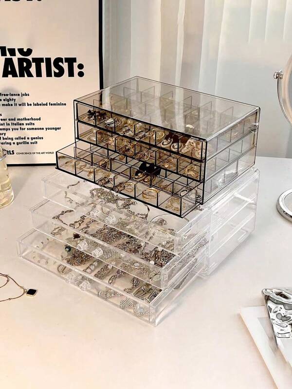 1 pieza Caja de almacenamiento de joyas de 72 compartimentos, diseño de estilo de cajón para un fácil acceso, estilo minimalista transparente, adecuado como regalo para esposa o hija en Halloween, Acción de Gracias o Navidad. Almacenamiento en la habitación del dormitorio para mujeres, artículos esenciales de viaje, almacenamiento en el dormitorio de vuelta a la escuela