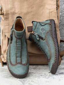 Men's Business Casual Shoes Outdoor Ankle Boots Soft Leather Comfortable Handmade Stitched Boots Flat Shoes, Autumn/Winter - Black - View 10