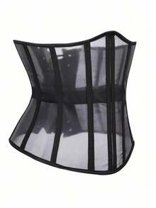 1pc Women's Tight Mesh Sheer Waist Cincher, Black Sexy See-Through Corset Can Be Worn Outerwear Halloween Costume - 黑色 - 查看 2