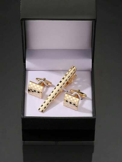 3pcs Men's Fashion Jewelry Set - Gold Laser Plaid Tie Clip Cufflinks, French Shirt Cufflinks, Business, Formal, Wedding, Groomsmen