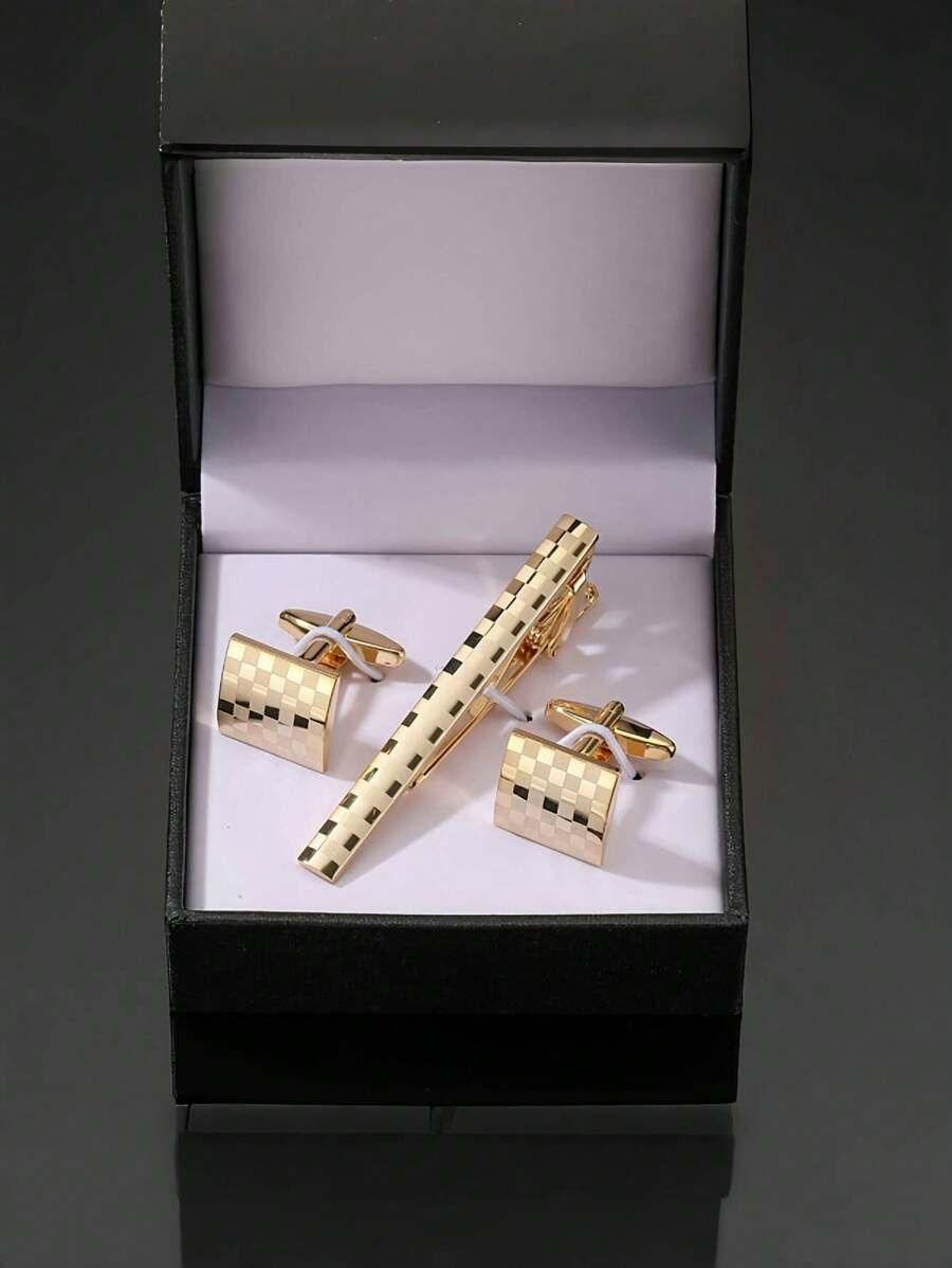 3 件男士时尚首饰套装 - 金色激光格子领带夹袖扣、法式衬衫袖扣、商务、正式、婚礼、伴郎 - 三件套 - 查看 1