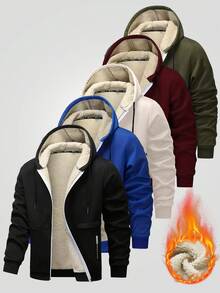 1pc Lamb Wool Padded Cardigan Jacket, Hooded Casual Sports Coat - Black - View 10