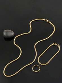 3 件套男士不锈钢金色项链、手链、戒指首饰套装，适合日常装饰或送礼，戒指尺寸可调节 - 金黃色 - 查看 2