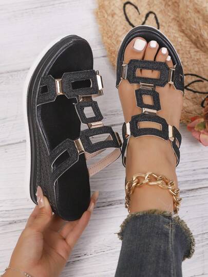 Sandalias de plataforma con remaches y suela gruesa para mujer, de unicolor, bohemias, neutras, elegantes, para fiesta, punk, colegial, deportivas, de vacaciones, de playa y de moda casual con remaches incrustados y cuña gruesa. Para uso en exteriores, hogar, oficina, fiesta, vacaciones, universidad, boda, festival y verano.