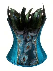 1 件女士优雅孔雀印花束身衣腰带 - 复古蕾丝、海军蓝缎子、幽默万圣节服装 - 彩色 - 查看 2