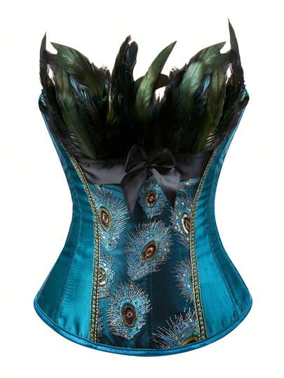 1pc Women's Elegant Peacock Print Corset Belt - Vintage Lace, Navy Satin, Humorous Halloween Costume