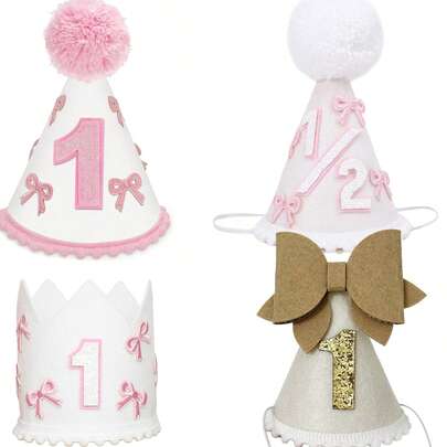 ins风生日蝴蝶结，宝宝一周岁/半岁生日帽，适合小野猫一周岁生日，快乐露营者生日皇冠，宝宝生日派对装饰，头饰，摄影，装饰