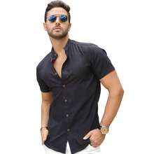 Men's Linen Priest Collar Shirt - Black - View 3