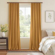 % Blackout Curtains Bedroom, 84 Inch Long Blackout Curtains, Clip Rings Linen Drapes, Thermal Insulated Room Darkening Living Room, 2 Panels - Beige, W50xL84, Bedroom Decor - 芥末黃 - 查看 2