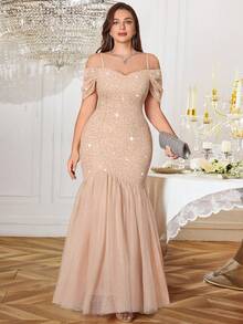 Plus Size Off-Shoulder Sequin Floral Lace Contrast Mesh Ruffle Mermaid Long Evening Gown, Suitable For Wedding Guest, Graduation, Holiday, Homecoming - Champagne - View 1