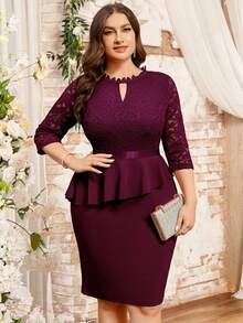 MIUSOL Vestido de lápiz para cóctel con cuello de ojo de cerradura con encaje floral, volantes y mangas 3/4 - Burdeos - Ver 5