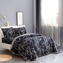 3Pcs Black Base Grey Floral Coverlet Set-Quilted Bedspread Sets, Suitable For Wedding Items,Valentines Day Home Bed Room Decor,Easter Ramadan Gifts,All Season - 黑色 - 查看 4