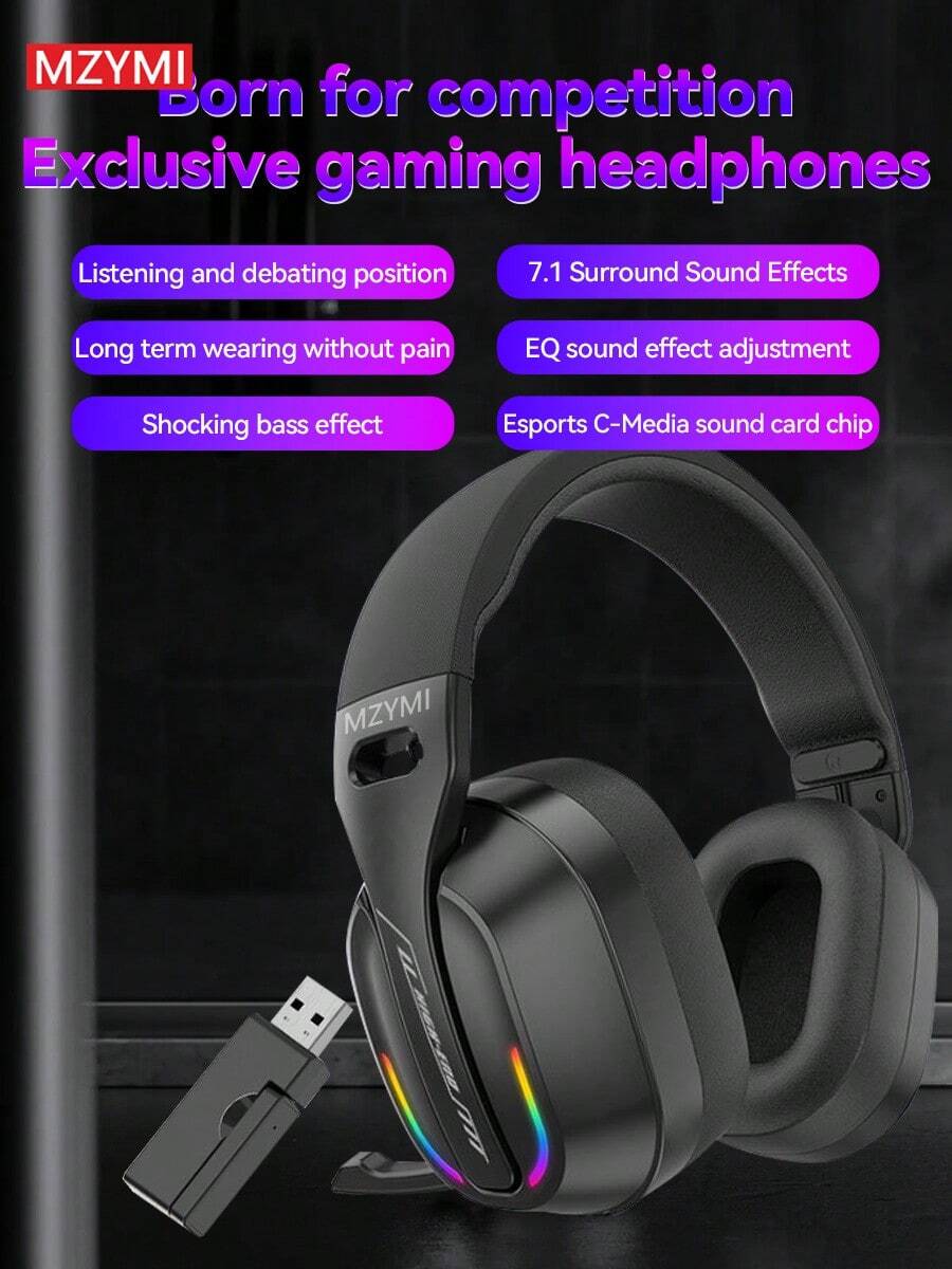 MZYMI ENC Noise Cancelling 2.4G Wireless Headphones Foldable True Gaming Music Earphones Outdoor Waterproof Sports Over Ear Headset With Mic For Running - 黑色 - 查看 1