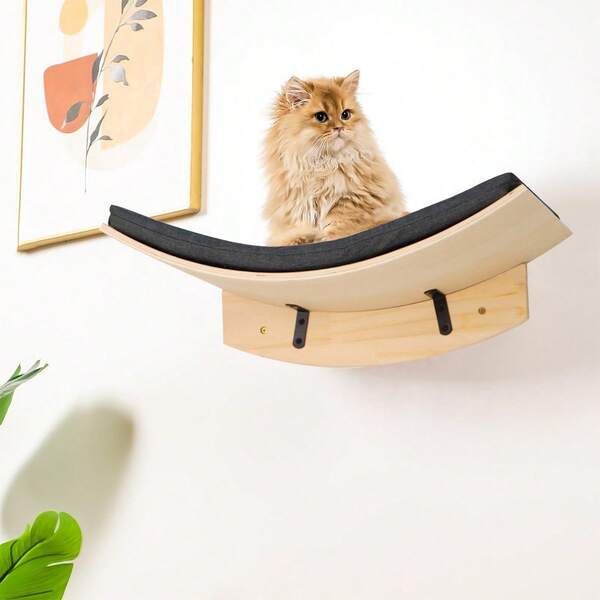 Curved Cat Wall Shelf With Soft Cushion, Cat Wall Perch For Kitty Cats Sleep Climb Play
