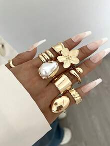 20 件优雅奢华派对风格淡紫色女士金色戒指套装，花卉仿珍珠，几何线条设计，适合日常、派对、节日、婚礼、时尚珠宝 - 款式8 - 查看 4