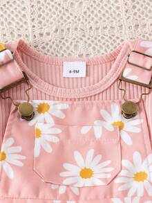 Uniform 2pcs Baby Girls' Cute Short Sleeve Ruffle Bodysuit And Flower Print Overalls Set, Summer, Warm Pink Set Suitable For Daily Summer Fun - Pink - View 3