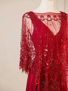 雪纺 V 领无袖连衣裙配蕾丝披肩，圣诞晚礼服配免费披肩 - 紅色 - 查看 2