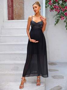 Joyfunear 孕妇夏季撞色网眼吊带休闲连衣裙 - 黑色 - 查看 6