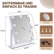 ZMH Espejo de maquillaje iluminado con 9 LED, espejo cosmético pequeño con luz, espejo de mesa giratorio de 360°, 3 modos, espejo de maquillaje con atenuación táctil.