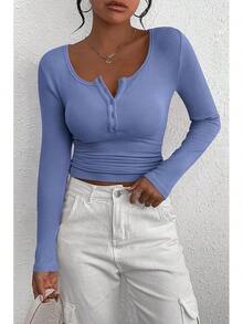 Blusas casuales básicas de mujer con botones y punto acanalado de manga larga para verano y otoño 2025 - Neblina azul - Ver 5