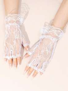 1 Pair Floral Lace Fingerless Gloves, Suitable For Formal Occasions Arm Warmers Autumn Fall Fashion - White - View 5