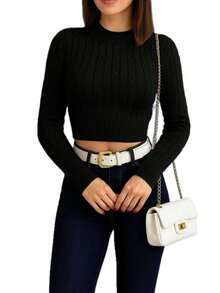Sayuri Modal Knit Blouse Cropped Braid Long Sleeve Winter Knit - 黑色 - 查看 2