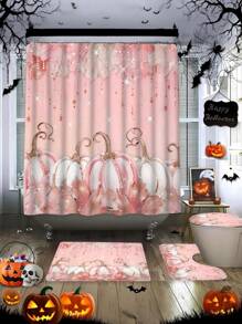 Elegant Autumn Bathroom Set - 4pcs, Includes Maple Leaf & Pumpkin Design Waterproof Polyester Shower Curtain, 12pcs Hooks, Anti-Slip Bath Mat, U-Shaped Toilet Lid Cover - Perfect For Autumn Bathroom Decor