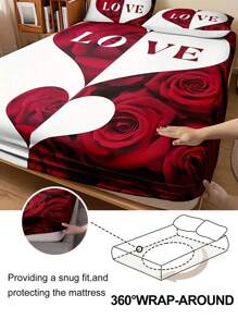 3 件红白心床单（1 件床单+2 件枕套，无填充物），14 英寸深口袋，可机洗，防过敏，高品质，床垫保护套卧室宿舍高清印花，适合所有季节房间装饰