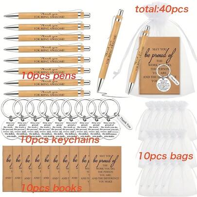 40ชิ้น/10ชุด ของขวัญแสดงความขอบคุณพนักงาน ประกอบด้วย: ปากกาไม้ไผ่ 10 ชิ้น, สมุดโน้ตสร้างแรงบันดาลใจขนาดเล็ก 10 ชิ้น, พวงกุญแจสร้างแรงบันดาลใจ 10 ชิ้น, ถุงของขวัญผ้าแก้ว 10 ชิ้น เหมาะสำหรับพนักงานออฟฟิศ, ของขวัญสำหรับทีม, อาสาสมัคร, พยาบาล, ครู, เพื่อนร่วมงาน, การสร้างทีม, ของขวัญเกษียณอายุ อุปกรณ์เสริมรถยนต์ น่ารัก โกธิค Y2k อุปกรณ์กระเป๋า สายคล้องพร้อมที่ใส่บัตรประจำตัว อุปกรณ์เสริมรถยนต์ เสน่ห์กระเป๋า