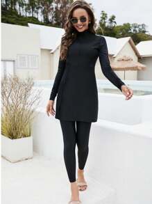 VFJ Modest Muslim Swimsuit For Women Full Cover Swimwear Islamic Black Beachwear Swimming Burkini Swim Suit - Black - View 2