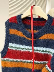 Alicedudu Women's Colorful Striped Design Crew Neck Pullover Vest, Autumn/Winter