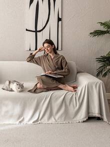 1 pieza Funda de sofá de chenilla beige con flecos, diseño resistente a arañazos para mascotas, lavable a máquina, antideslizante, adecuado para sala de estar, dormitorio, oficina, decoración del hogar, se ajusta a sofás de 1/2/3/4 plazas (disponible en varios tamaños), decoración de otoño - Beis - Ver 6