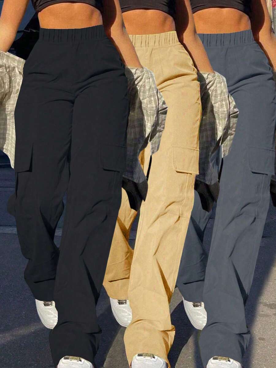 3 piezas Pantalones cargo rectos y sueltos con múltiples bolsillos para adolescentes, adecuados para ejercicio al aire libre, primavera/verano/otoño/invierno - Negro - Ver 1