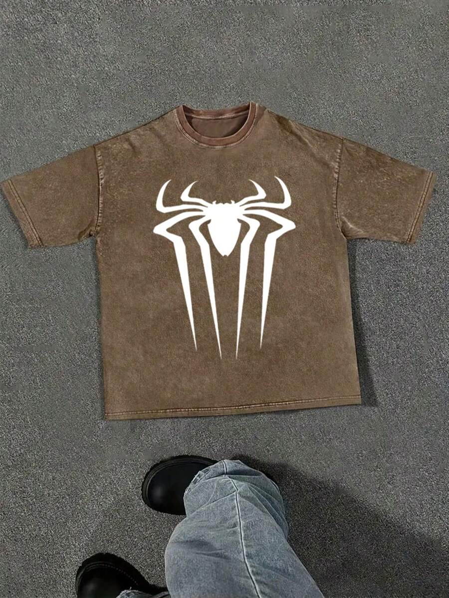 Spider Graphic Tees  Men Gifts Unisex 230g Heavy-Duty Cotton Retro Washed Short Sleeved T-Shirt With Casual Sports Style And Fashionable Street Style Suitable For Travel And Sports Wear - 咖啡棕 - 查看 1