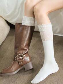 1 Pair Lace Over The Knee Socks: Women's Stockings And Sock Boots - Polyester Blend, Lace Trim, Hand Washable 2pcs/4pcs/6pcs
