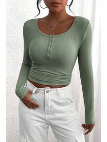 Women's 2026 Fall Long Sleeve Henley T Shirts Button Ribbed Knit Slim Fit Basic Tops Blouse Casual Outfits/Vacation Outfits Women/Valentine Outfits For Women - Cây xô thơm xanh - Xem 3