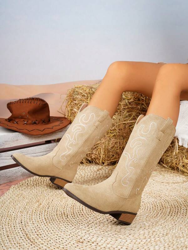 Western Embroidered Mid-Calf Boots, Multi-Color, Spring/Autumn, European & American Style Cowboy Boots, Chunky Heel Mid-Calf Versatile Women Boots